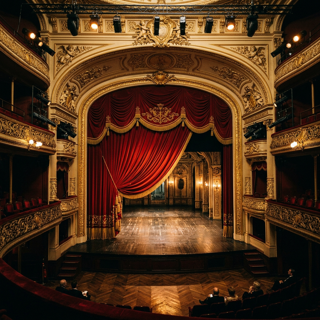 Ornate theater stage with red curtains, gilded balconies, and seated audience